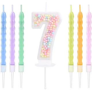 EAKE 7 Geburtstagskerzen, Macaron-Glitzer, 3D-Zahl 7, Kerzen mit 6 Stück Regenbogen-Perlenkerzen für Geburtstagskuchen, Mädchen, Frauen, süßes Thema, 7. Geburtstag, Kuchendekoration, Party-Dekoration