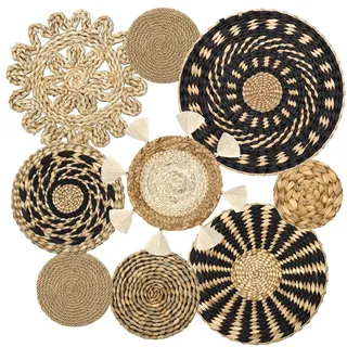 ASTNIC 9er Set Boho Wandkorb Wandbehang Rattan Dekor Set, Runde Gewebte Boho Rustikale Wandkörbe mit Quasten, Makramee Handgewebte Körbe Wandkunst Dekor für Wohnzimmer Schlafzimmer Esszimmer Büro