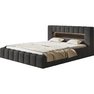 Polsterbett AMBER mit LED Beleuchtung Doppelbett 120 x 200 cm mit Lattenrahmen und Bettkasten, Farbe: Dunkelblau - Dunkelgrau