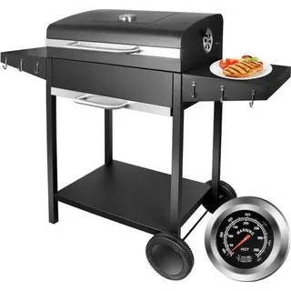 XXL Kohlegrill mit Deckel, Thermometer, Rädern und Holzplanken, groß für Camping und Garten