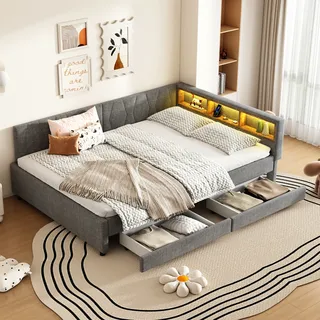 Flieks Polsterbett Schlafsofa 140x200cm mit 2 Schubladen & LED, Tagesbett mit Ladefunktion(USB&Typ C), Doppelbett mit Staufach, Leinen, Grau - Grau