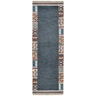 Läufer THEKO "Nuno, reine Wolle, Handgefertigt, mit Bordüre" Gr. 13, blau (dunkelblau), B:90cm H:14mm L:250cm, Wolle, Teppiche, Läufer, handgetuftet, Brücke, Wohnzimmer, Schlafzimmer, Esszimmer