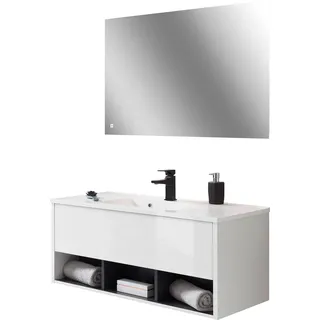 PLACES OF STYLE Badmöbel-Set »Studio Line, Bad im modernen Design, 2-teiliges Badezimmer« in 2 Farben und 2 Spiegelformen lieferbar, 2 Stk. tlg., weiß