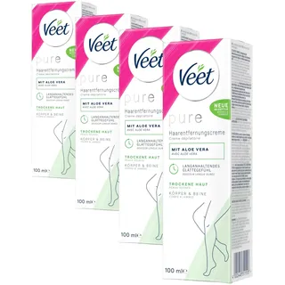 Veet Pure Haarentfernungscreme für Körper, Arme & Beine - Enthaarungscreme für trockene Haut - Minimum an Inhaltsstoffen & angenehmer Duft, mit Bio Aloe-Vera, Vegan - 100 ml (Packung mit 4)