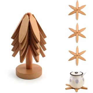 YFaith Untersetzer Holz, 4 Stück Topfuntersetzer Holz, Kreative Topfuntersetzer Baum Hitzebeständig, Pfannenschutz Stapelschutz mit Aufbewahrungsbasis, für Teller, Tassen, Topf