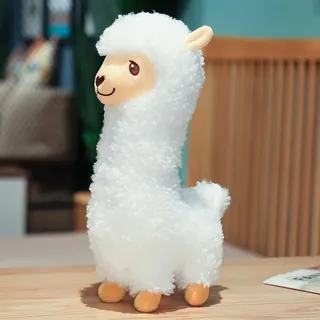 Alpaka Kuscheltier Plüschtier Lammfellwolle Stofftier Kissen Weiß 43cm - Weiß