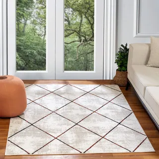 Livabliss Rauma Geometrischer Teppich, Skandi-Teppich, Wohnzimmer, 120 x 170 cm, Esszimmer, Küche, neutral, abstrakt, Gemustert, Boho-Teppich-Stil, pflegeleichter Flor, großer Teppich, Weiß, Blau und