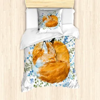 ABAKUHAUS Fuchs Mantele, Sleeping Fox Aquarellen, Milbensicher Allergiker geeignet mit Kissenbezügen, 135 cm x 200 cm - 80 x 80 cm, Orange Blue Olivgrün - Orange