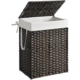 SONGMICS Wäschekorb handgeflochten, 90 L, Wäschesammler aus synthetischem Rattan, mit Deckel und Griffen, faltbar, Wäschesack herausnehmbar, braun LCB051K02