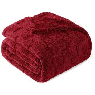 Exclusivo Mezcla Kuscheldecke Fleecedecke, Superweiche Karierte Wohndecke, Flauschige Tagesdecke für alle Jahreszeiten, 220 x 240 cm, Weinrot