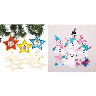 Baker Ross Deko-Anhänger Stern aus Holz mit Fotorahmen (8er-Pack), perfekt für Kinder zum Entwerfen und Dekorieren & AT160 Weihnachtskugeln Mix & Match Schneemann (6 Stück)