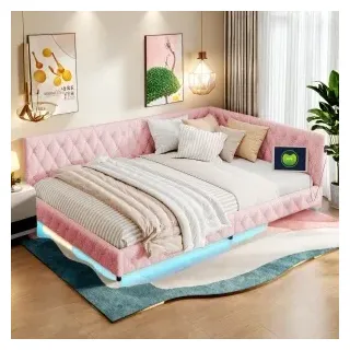 Polsterbett Kinderbett 140x200 cm mit USB-Type-C, Doppelbett mit LED, Schlafsofa Tagesbett, Sofabett Jugendbett Bettgestell mit Lattenrost aus Holz, Teddy, Rosa - Rosa