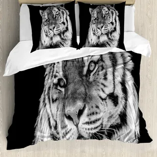 ABAKUHAUS Tiger Bettbezug, Intensives Anstarren von Hunter, Milbensicher Allergiker geeignet mit Kissenbezügen, 155 cm x 220 cm - 80 x 80 cm, Pale Grau Schwarz - Grau