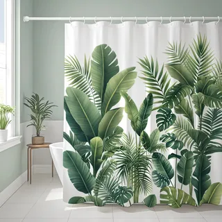 Duschvorhang 200x200 cm,Grün Blätter Pflanzen Design,Anti Schimmel & Waschbar,Wasserabweisend Badewanne Vorhang aus Polyester Duschvorhänge Badvorhang mit 12 Ösen und Duschvorhängeringen