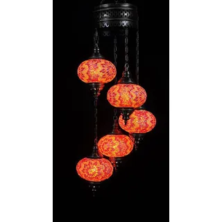 5-globige türkische Hängelampe aus Mosaikglas in Rot/Orange – Orientalische Kronleuchter mit 5 Mosaik-Glaskugeln - Orange, Rot