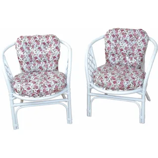 Rattanstuhl HOME AFFAIRE "Rattansessel", weiß (weiß, blume), Das hell lackierte Gestell sowie Sitz- und Rückenpolster mit einem attraktiven Röschenmuster verleihen dem »Rattansessel« von Home affaire sein romantisches Flair. Geliefert wird er im 2er-Set. Als Sitzmöbel passt er sowohl in den Essbereich als auch in den Wintergarten. Einen exzellenten Komfort bietet er durch die Polster mit Schaumstoffflockenfüllung. Mithilfe der Befestigungsbändchen liegen diese rutschhemmend auf. Mit dem Set entsteht ein