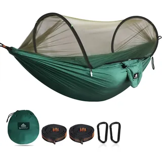 NatureFun Ultra-Light Reisecamping Hängematte Moskitonetz Hängematte | 300 kg Tragkraft, atmungsaktiv Schnelltrocknendes Fallschirm-Nylon | 2 Premium Karabiner, 2 Nylonschlingen inklusive Dunkelgrün