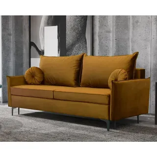 Schlafsofa LEA Sofa mit Schlaffunktion und Bettkasten, Klappsofa, Schlafcouch mit Füßen aus Metall, Couch in Frabe: Gelb, Veloursstoff - Gelb