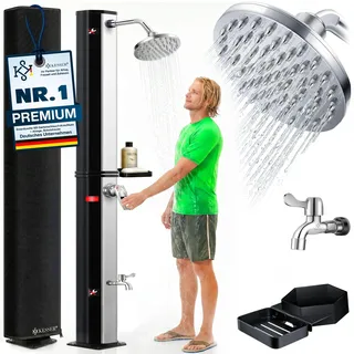 KESSER® Solardusche 40- 60 Liter Solar Gartendusche | warmes Wasser | max. 60°C | Inkl. Metall-Duschablage & Schutzhaube | Pooldusche Camping| Regenduschkopf und Wasserhahn Gartenschlauch-Anschluss - Silber