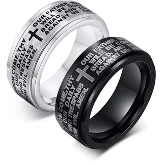 JewelryWe Schmuck 2pcs Fidget Angst Ringe Herren Edelstahl Bibel Gebet Kreuz Anti-Angst Spinner Ring Drehringe Roller Bandringe Stressabbauende Band Gravur Schwarz Silber Größe 65
