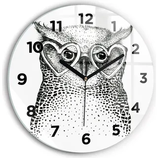 Wallfluent Wanduhr – Stilles Quarzuhrwerk - Uhr Dekoration Wohnzimmer Schlafzimmer Küche - Zifferblatt - schwarze Zeiger - 30 cm - Gezeichnete Eule mit Brille - Schwarz
