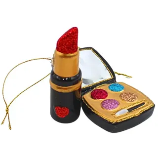 Dekohelden24 Lauschaer Christbaumschmuck - 2er Set Christbaumkugeln Lauscha, Glaskugeln, Weihnachtsbaumkugeln, Glasornament Make Up, Glasbehang Lippenstift in bunt, aus Lauscha, L/B/H 4 x 1 x 12 cm.