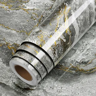 LACHEERY Möbelfolie Marmor Gold Grau Klebefolie Möbel Küche 40cm x 200cm Folie Arbeitsplatte Küche Marmor Klebefolie Grau Gold Hochglanz Vinyl Küchenfolie Schränke für Tisch Tür Möbel Wasserfest