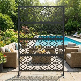 Sichtschutz Metall, Freistehender Paravent 180x120 cm, Wetterfester Sichtschutz Für Garten Terrasse Balkon Outdoor Deko, Raumteiler Mit Ständer, Verzinkter Stahl, Kupfermünzen Schwarz