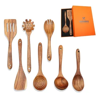 Set von 7 Holzlöffeln - Küchenutensilien Teakholz - Multifunktionale Spatel - Hitzebeständig - Natürliches Material - Robust und geruchlos