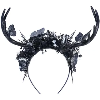 MOSTORY Handgefertigtes Schwarzes Hirschgeweih Stirnband für Weihnachten Renaissance Cosplay, Gothic Rentierhörner Elfen Haarband mit Schmetterlings für Frauen Karneval