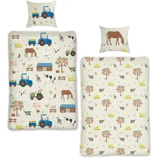 SkyBrands Kinder Bettwäsche Tiere 135x200 Bauernhof Kinderbettwäsche Bagger Traktor Baumwolle Kinderbettwäsche 2tgl. für Jungen und Mädchen