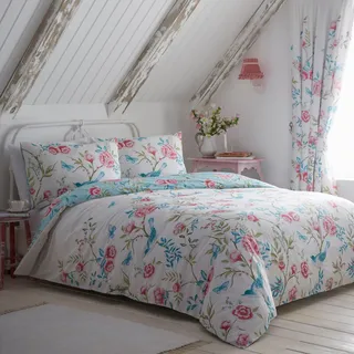 Dreams & Drapes Bettbezug mit Gartenblumen, Schmetterlingen und Vögeln – Doppel-Bettwäsche, wendbares Design (2 Farben) – pflegeleicht und waschbar – Vintage-Blumen-Bettwäsche in Blau – Weiß & Blau