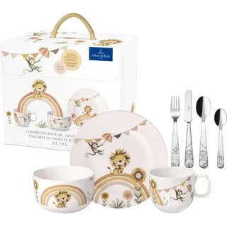 Villeroy & Boch – Boho Kids "Roar like a lion" Kindergeschirr-Set 7 teilig, Spülmaschinenfest, Mikrowellensicher, Geschirr Set Kinder mit Kinderbesteck, Tiermotiv Löwe und Affe, Premium Porzellan