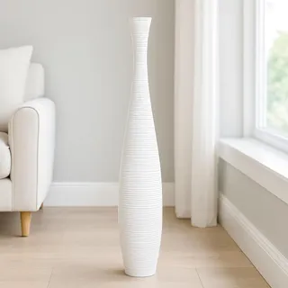 Leewadee Große Deko Bodenvase Für Dekozweige, Hohe Standvase Für Pampasgras, Design Holzvase, 110 cm, Weiß