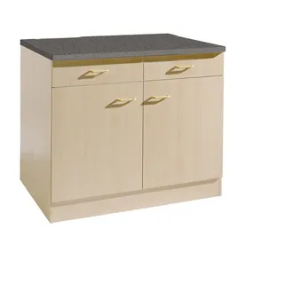 Küchen Unterschrank Start 100 cm breit 60 cm tief in Buche Nachbildung mit 2 Schubladen und Arbeitsplatte