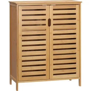Fortuna Lai Badezimmerschrank Badschrank Beistellschrank mit 2 Lamellentüren, 2 Innenregalen, Bambus Aufbewahrungsschrank für Badezimmer, Wohnzimmer 68 x 32 x 86 cm Natur