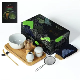 TEANAGOO Matcha Set, 10-tlg. m. Keramikschale & Bambusbesen, Hellgrau | Handgefertigter Bambus-Schneebesen – Tablett, Schale, Teedose, Sieb, Löffel, Besenhalter, Teezeremonie, Geschenkidee