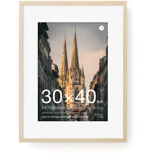 LIVINGTASTE 1 Stück Bilderrahmen 30×40 cm MDF Holz Eiche Natur | Rahmen mit Passepartout für A4 (21 x 29,7 cm) Acrylglas Front Fotorahmen für Fotos und Poster für Wohnzimmer Kinderzimmer