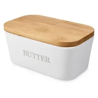 Navaris Butterdose mit Bambusdeckel - mit Silikon Dichtungsring - 16 x 10 x 7,7cm - für Butter und andere Lebensmittel - Butterschale weiß