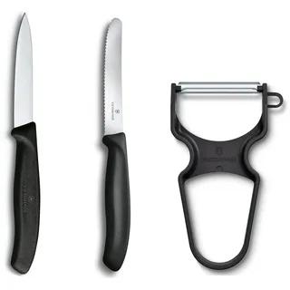 Victorinox Swiss Classic Gemüsemesser-Set, 3-teilig, Inkl. Tomatenmesser Wellenschliff, Gemüsemesser und Sparschäler, Spülmaschinengeeignet, schwarz