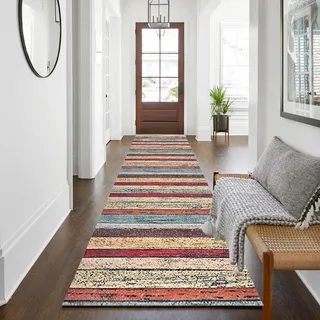 WTHYGB Teppich Läufer 80 x 200 cm, rutschfest Waschbar Teppichläufer, Küchenläufer Abstraktes Design für Eingang, Küche, Wohnzimmer & Büro, Bunte Streifen