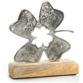 Deko-Figur Kleeblatt: Dekofigur zum Hinstellen, Glücksbringer Skulptur Metall & Holz, Geschenk Hochzeit & Geburtstag, Dekoration Wohnzimmer & Flur, Dekofiguren Modern, Holzdeko, Glück, 16,5 x 15 cm