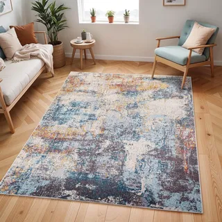 Livabliss Clearwater Teppich 160x213 cm – Moderner Kurzflor in Marmor-Optik für Wohnzimmer & Esszimmer – Blau & Elfenbein