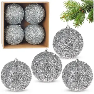Brubaker Glitzer Weihnachtskugeln - 4er Set große Glitter Baumkugeln - 10 cm Christbaumkugeln Bruchsicher aus Kunststoff - Christbaumschmuck für Weihnachtsdeko - Weihnachtsbaumkugeln - Silber
