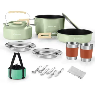 Odoland Camping Kochgeschirr Set Antihaft-Topf und Pfanne Set mit Wasserkocher, Edelstahl Utensilien Mess Kit, Tassen Teller Messer Löffel Gabeln für Outdoor-Kochen