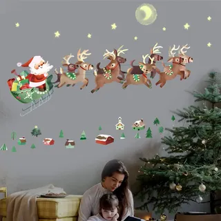 decalmile Weihnachten Fenster Wandtattoo Weihnachtsbaum und Rentiere Kinderzimmer Wandsticker Fensteraufkleber Weihnachtsdekoration