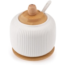 GALICJA OSBORN Zuckerdose Keramik mit Löffel & Bambusdeckel – Zuckerdose Weiß – Stabile Geräumige Zuckerdose aus Keramik mit Deckel und Löffel – Küchenzubehör – 9,8x9,8x11,8cm