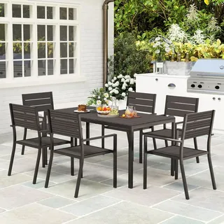 Outsunny Sitzgruppe 7-teilig Essgruppe für 6 Personen Esstisch mit 6 stapelbar Esszimmergruppe mit geschlitzte Tisch Küchentisch-Set Balkonmöbel Gartenmöbel für Terrasse, Balkon Dunkelbraun