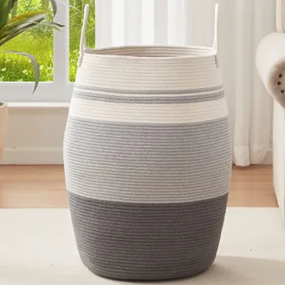 OIAHOMY Wäschekorb Groß 65 x 39 x 39cm Aufbewahrung Korb Geflochten aus Baumwolle Seil für Schmuzige Kleidung in der Waschküche
