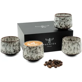 Pheniox | Cappuccino Tassen Set Tibet White | 4-teilig | 180 ml | hochwertige Tassen aus Steingut | ohne Henkel | spülmaschinenfest | Kaffee | Espresso | Mokka | Geschenk Mann Frau